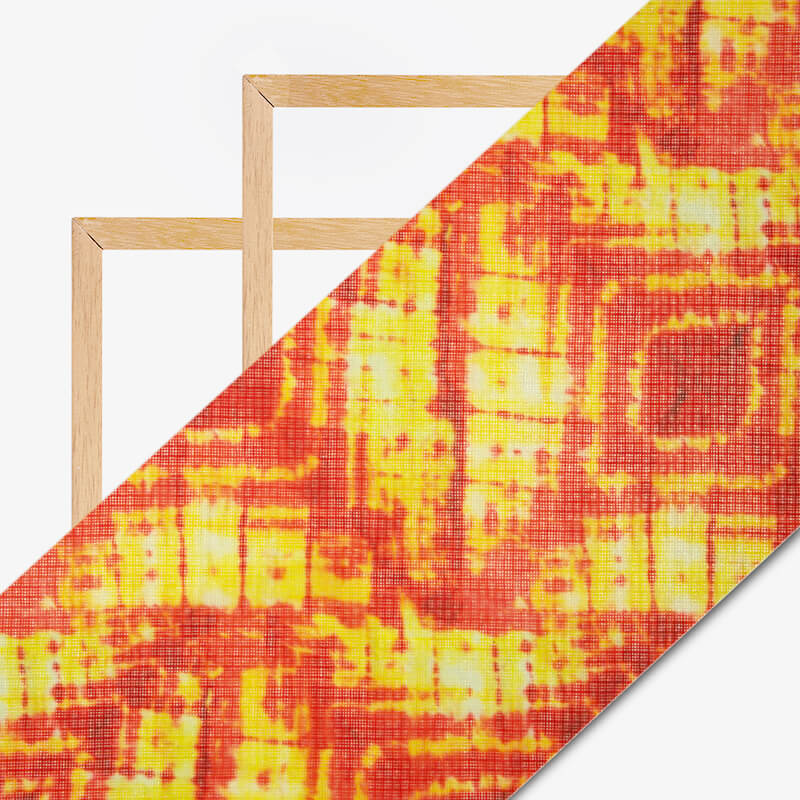 Red And Yellow Shibori Pattern Digital Print Kota Doria Fabric - Fabcurate