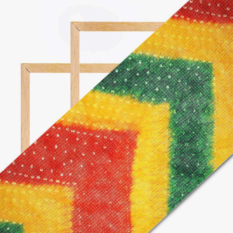 Yellow And Green Bandhani Pattern Digital Print Kota Doria Fabric - Fabcurate