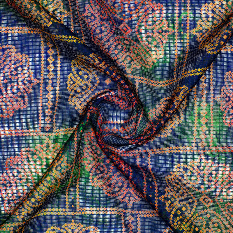 Royal Blue And Green Bandhani Pattern Digital Print Kota Doria Fabric - Fabcurate