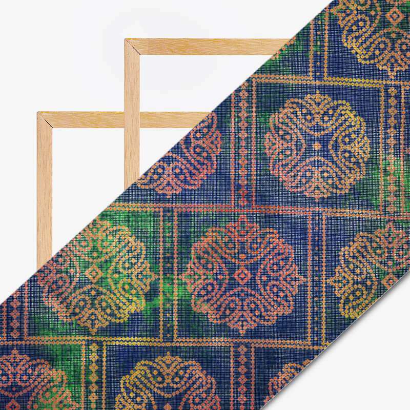 Royal Blue And Green Bandhani Pattern Digital Print Kota Doria Fabric - Fabcurate