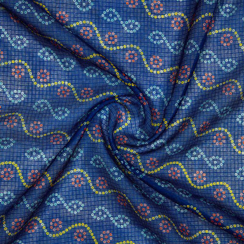 Blue And Red Bandhani Pattern Digital Print Kota Doria Fabric - Fabcurate