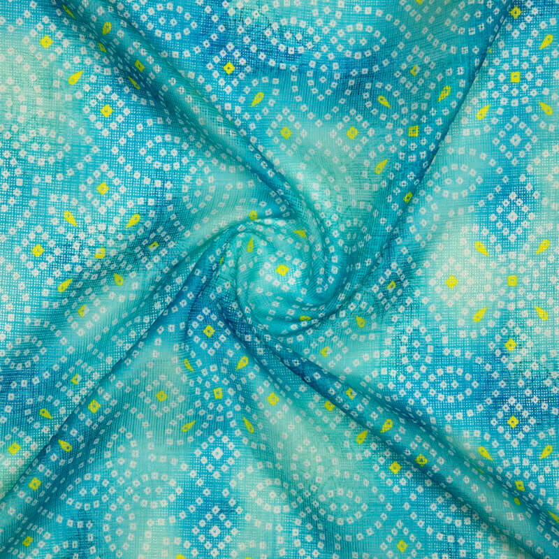 Sky Blue And Yellow Bandhani Pattern Digital Print Kota Doria Fabric - Fabcurate