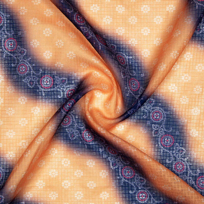 Peach And Blue Leheriya Pattern Digital Print Kota Doria Fabric - Fabcurate