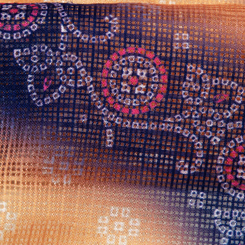 Peach And Blue Leheriya Pattern Digital Print Kota Doria Fabric - Fabcurate