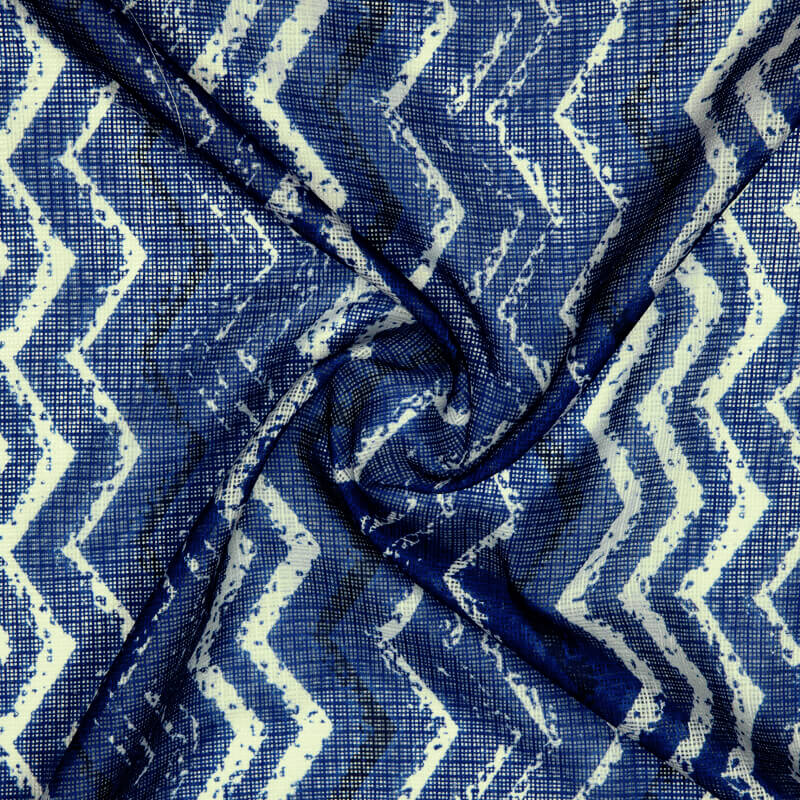 Royal Blue And White Leheriya Pattern Digital Print Kota Doria Fabric - Fabcurate