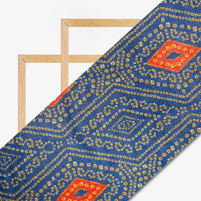 Royal Blue And Yellow Bandhani Pattern Digital Print Kota Doria Fabric - Fabcurate