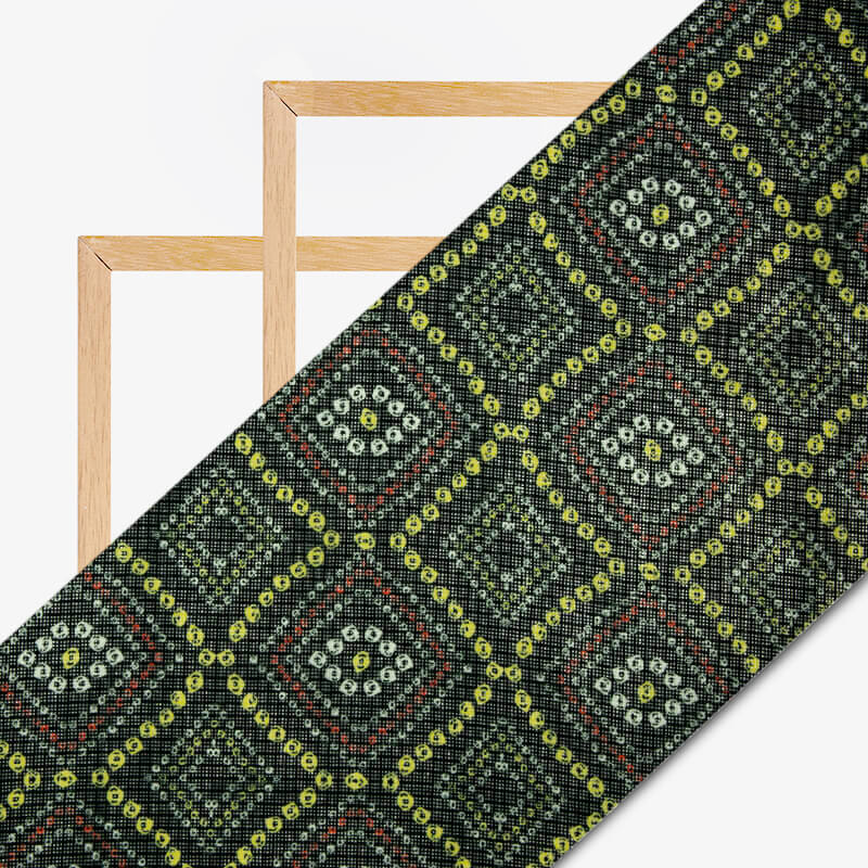 Black And Yellow Bandhani Patten Digital Print Kota Doria Fabric - Fabcurate