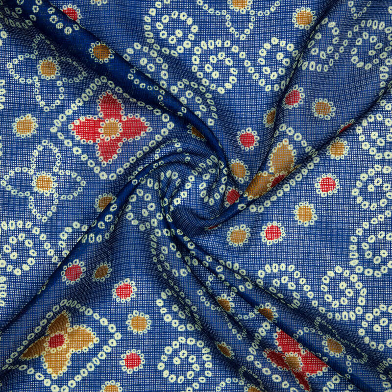 Royal Blue And Red Bandhani Pattern Digital Print Kota Doria Fabric - Fabcurate