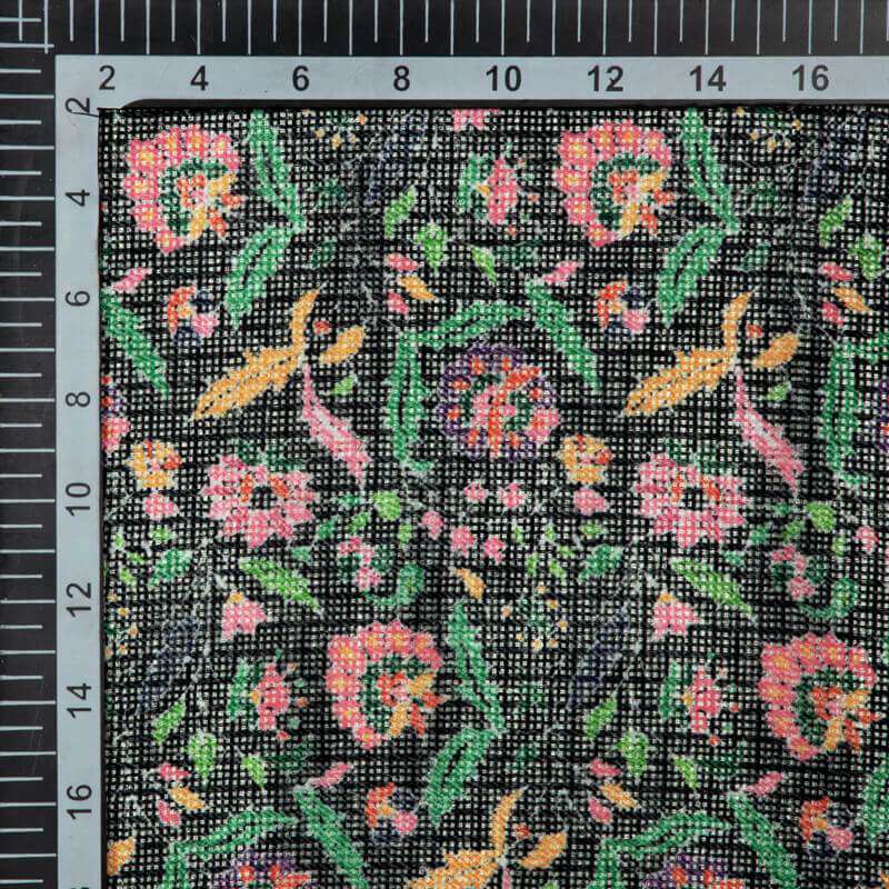 Black Multicolor Leaf Pattern Digital Print Kota Doria Fabric - Fabcurate