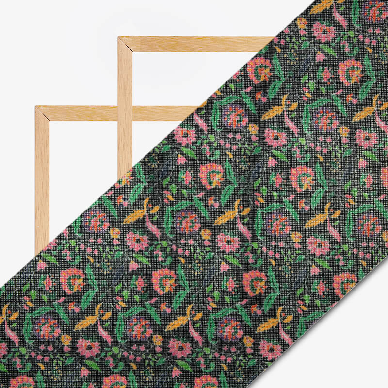 Black Multicolor Leaf Pattern Digital Print Kota Doria Fabric - Fabcurate