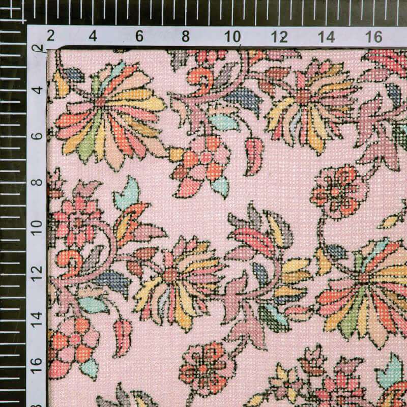Baby Pink Multicolor Leaf Pattern Digital Print Kota Doria Fabric - Fabcurate