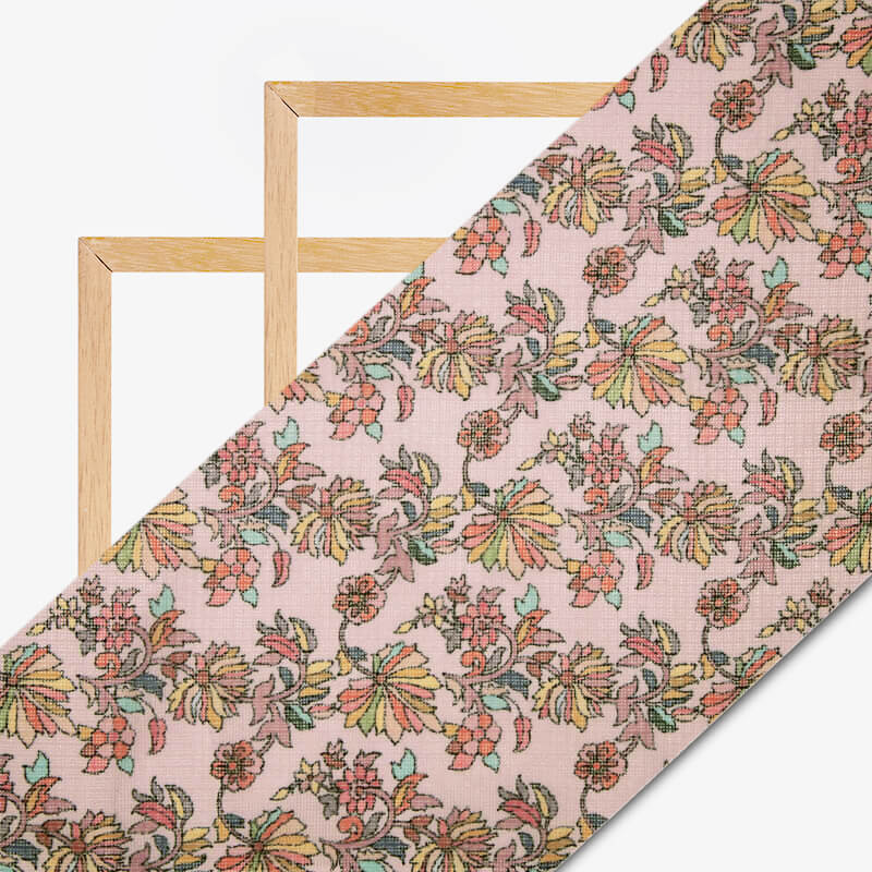 Baby Pink Multicolor Leaf Pattern Digital Print Kota Doria Fabric - Fabcurate