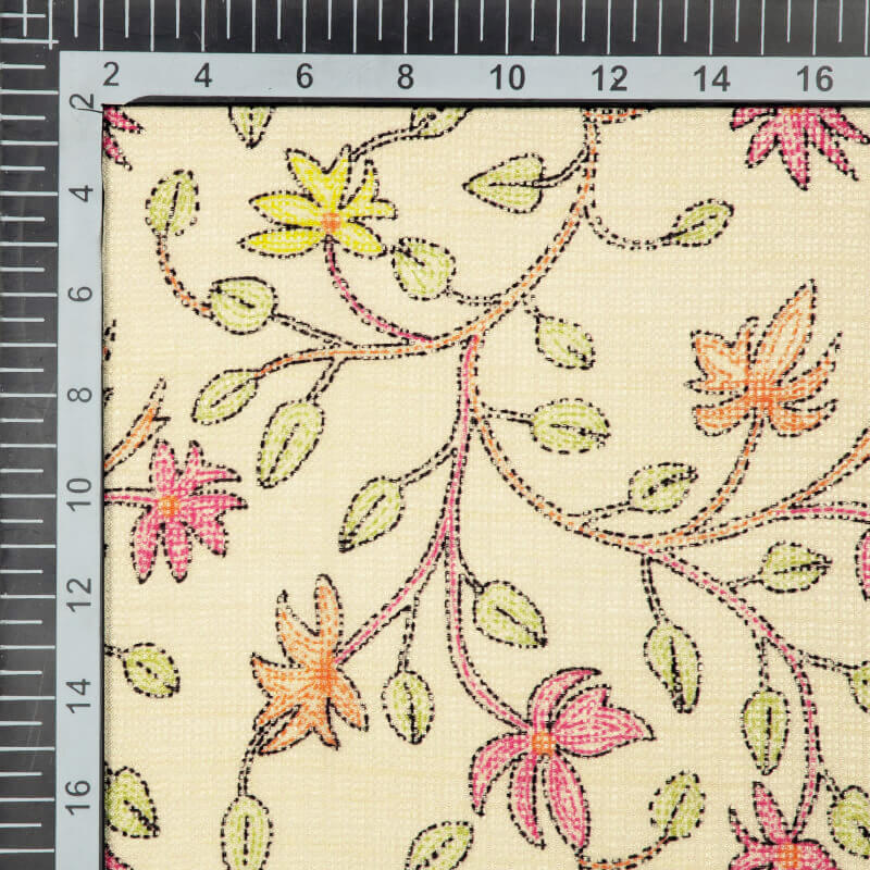 Cream And Orange Leaf Pattern Digital Print Kota Doria Fabric