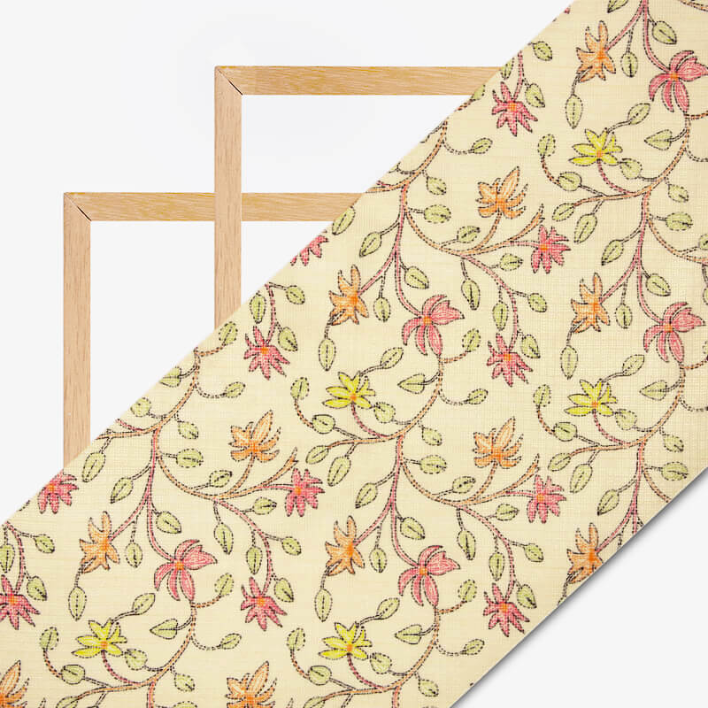 Cream And Orange Leaf Pattern Digital Print Kota Doria Fabric