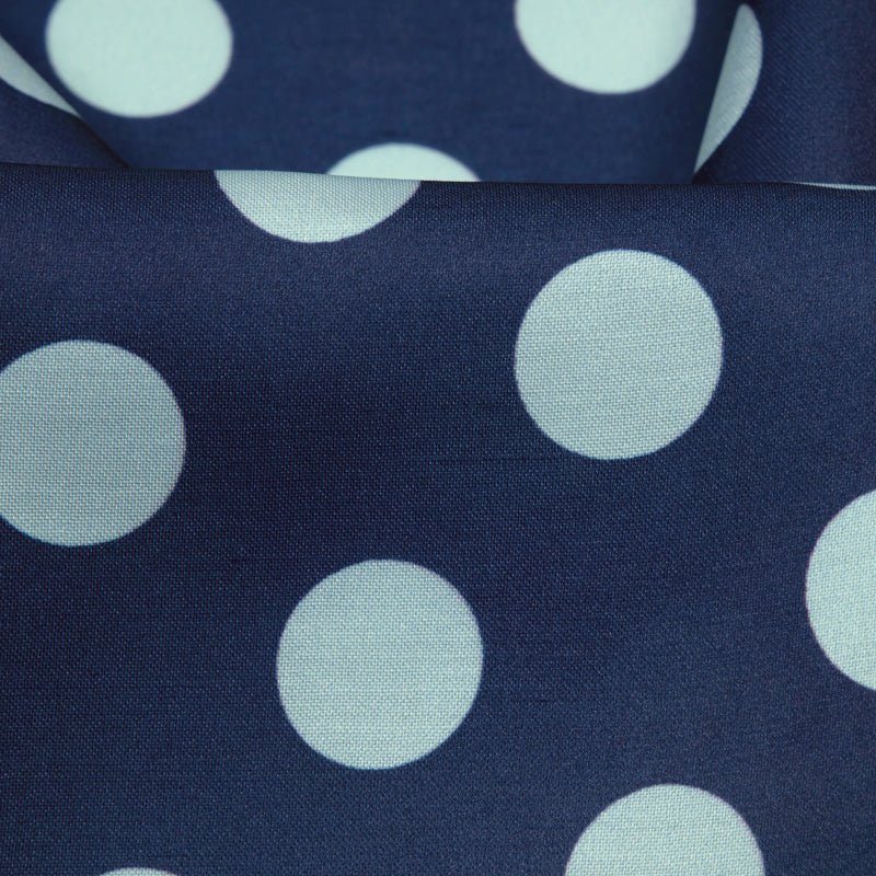 Navy Blue And Pastel Blue Polka Dots Digital Print Modal Satin Fabric - Fabcurate