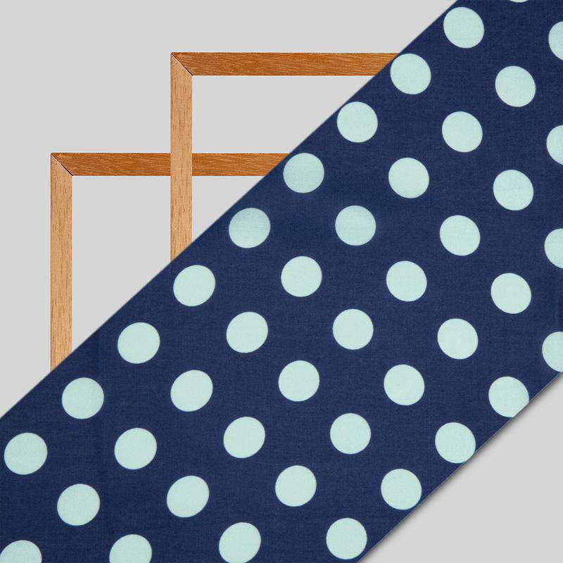 Navy Blue And Pastel Blue Polka Dots Digital Print Modal Satin Fabric - Fabcurate