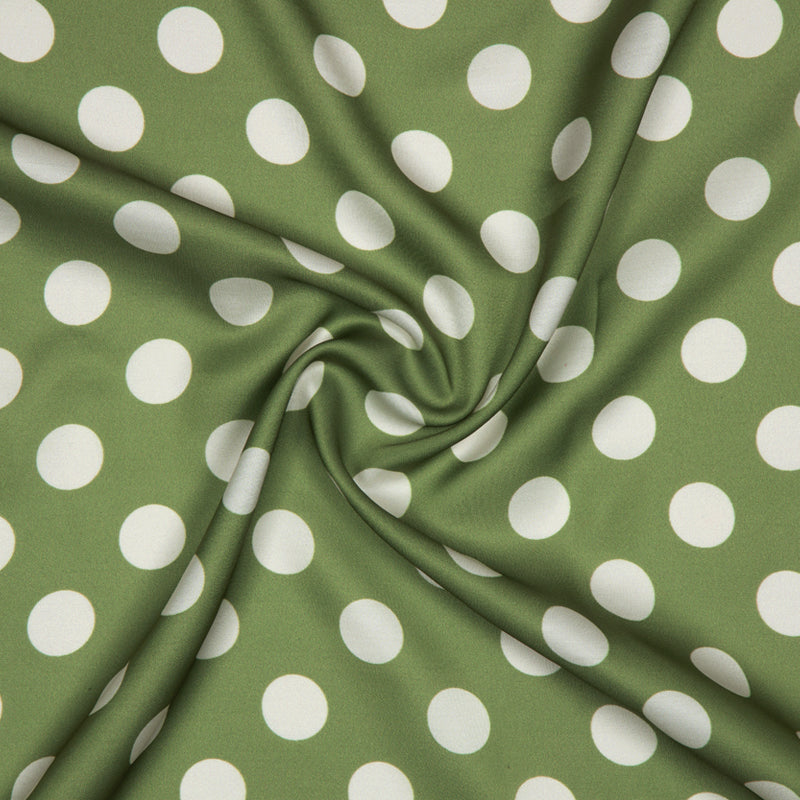 Olive And White Polka Dots Digital Print Modal Satin Fabric - Fabcurate