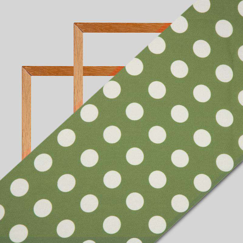 Olive And White Polka Dots Digital Print Modal Satin Fabric - Fabcurate