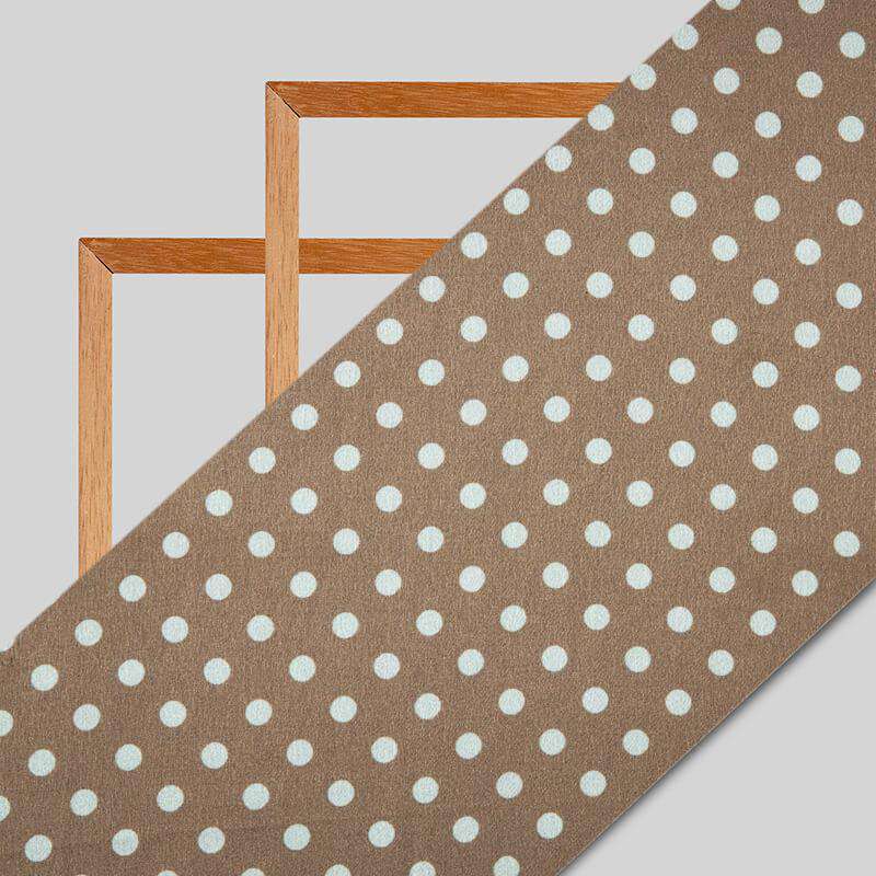 Brown And Teal Polka Dots Digital Print Japan Satin Fabric - Fabcurate
