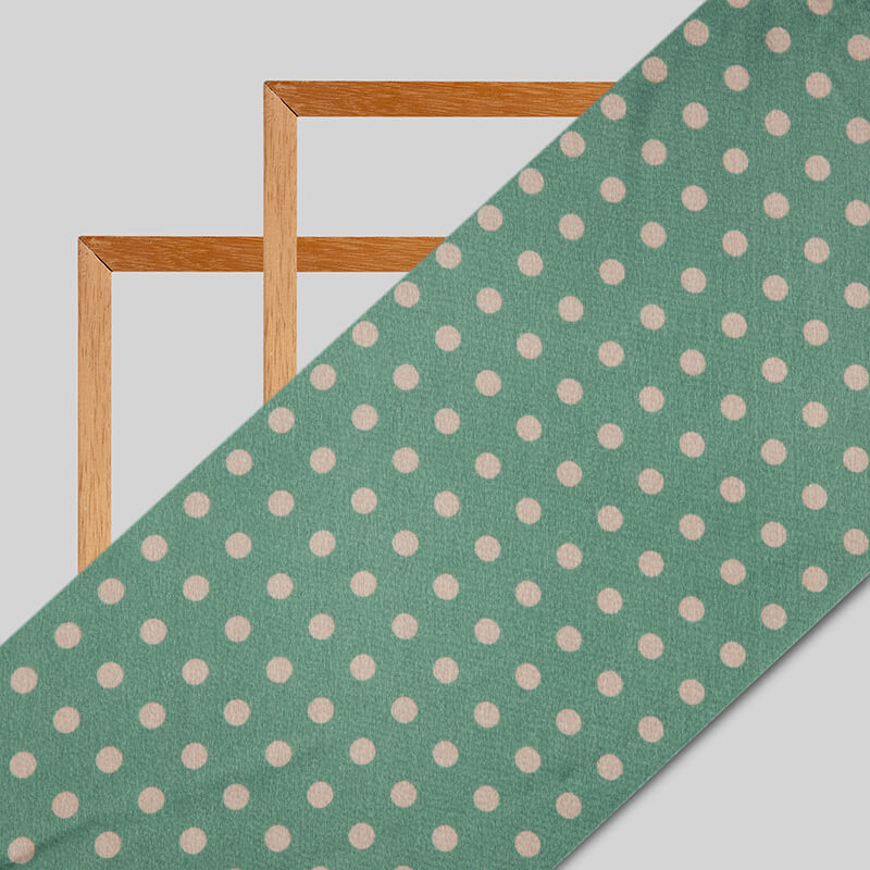 Pistachio Green And Beige Polka Dots Digital Print Japan Satin Fabric - Fabcurate