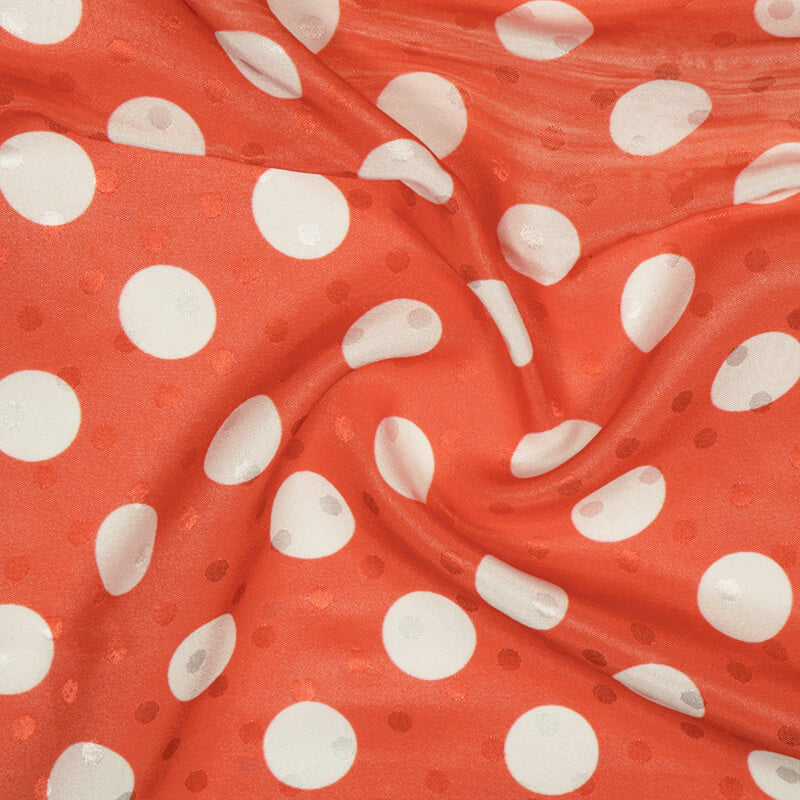 Red And White Polka Dots Digital Print Premium Jacquard Booti Japan Satin Fabric (Width 56 Inches)