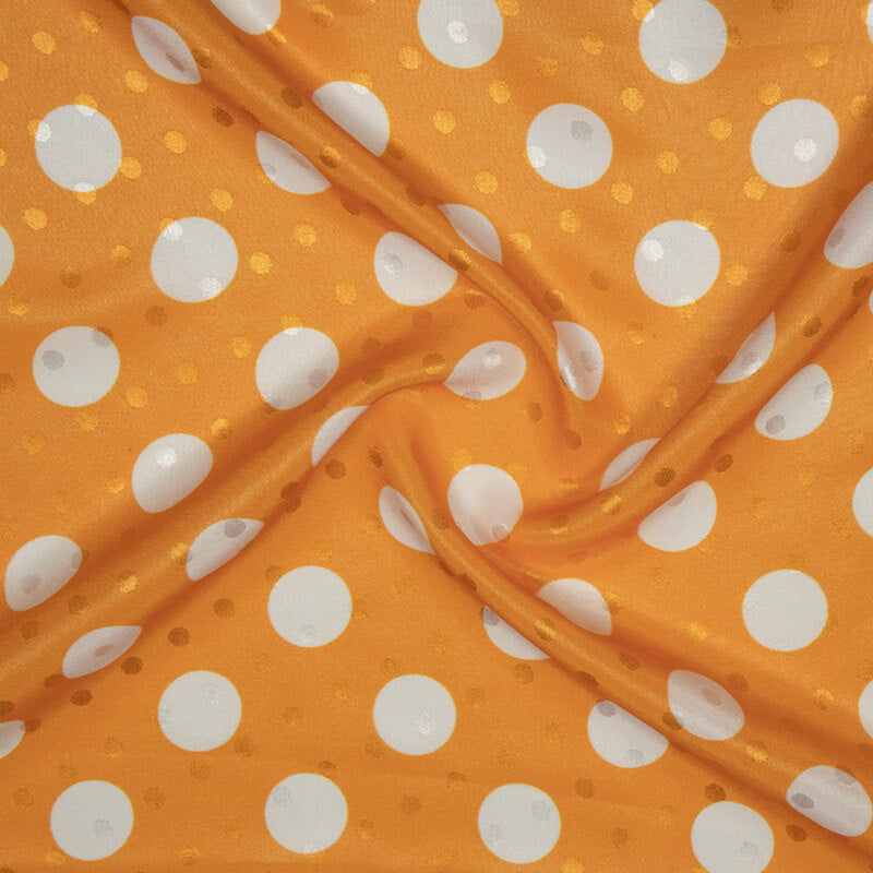 Orange And White Polka Dots Digital Print Premium Jacquard Booti Japan Satin Fabric (Width 58 Inches) - Fabcurate