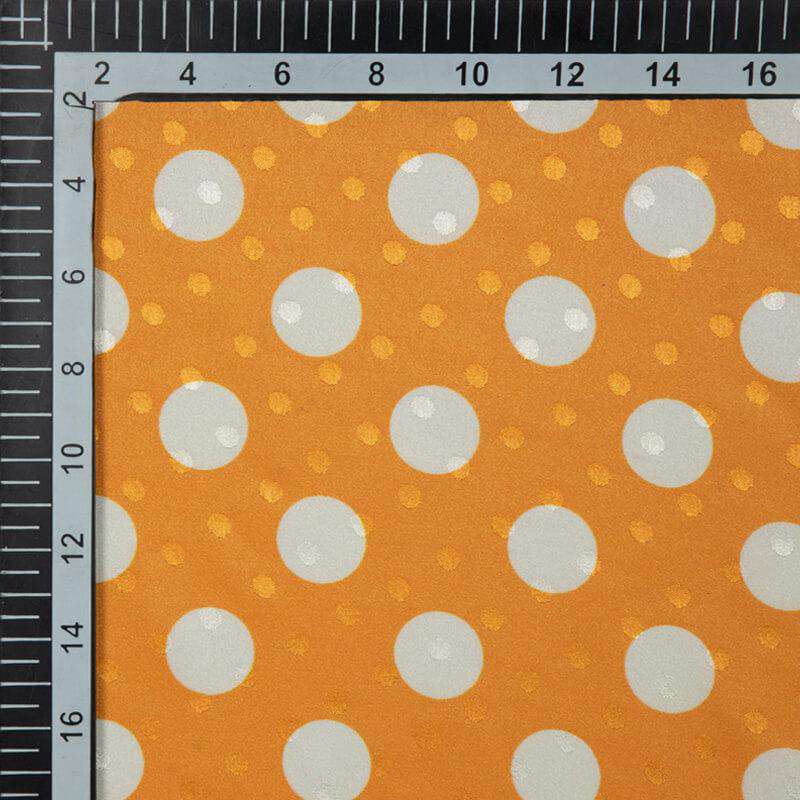 Orange And White Polka Dots Digital Print Premium Jacquard Booti Japan Satin Fabric (Width 58 Inches) - Fabcurate