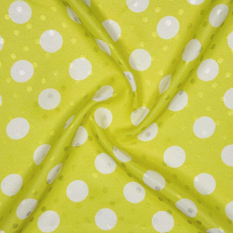 Yellow And White Polka Dots Digital Print Premium Jacquard Booti Japan Satin Fabric (Width 58 Inches) - Fabcurate