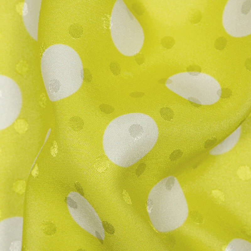 Yellow And White Polka Dots Digital Print Premium Jacquard Booti Japan Satin Fabric (Width 58 Inches) - Fabcurate