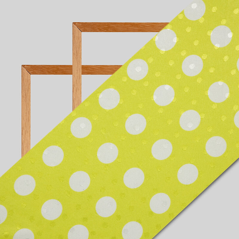 Yellow And White Polka Dots Digital Print Premium Jacquard Booti Japan Satin Fabric (Width 58 Inches) - Fabcurate