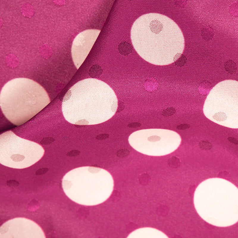 Violet And White Polka Dots Digital Print Premium Jacquard Booti Japan Satin Fabric (Width 56 Inches)