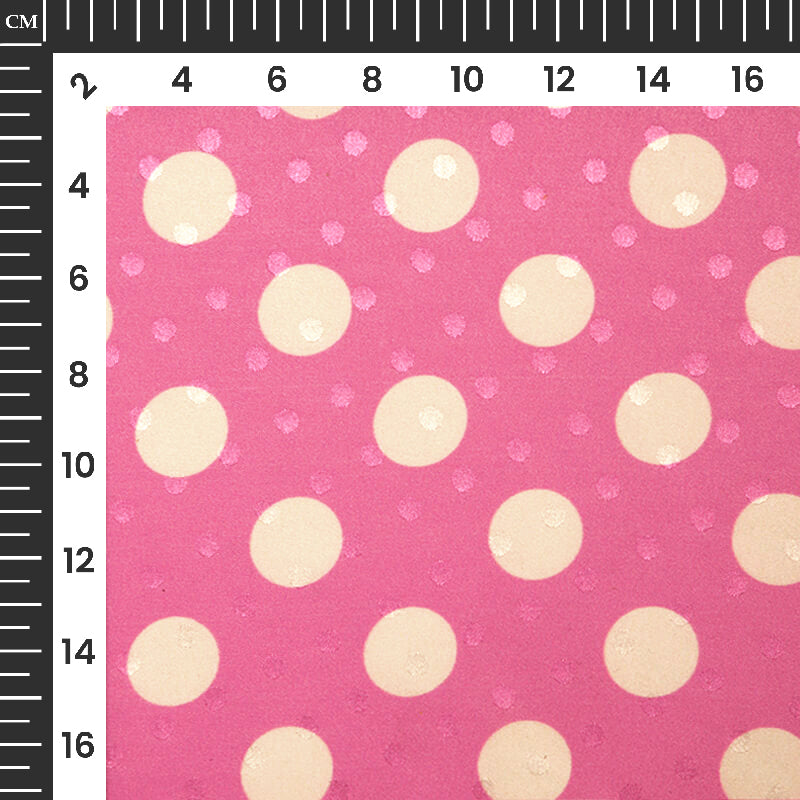Taffy Pink And White Polka Dots Digital Print Premium Jacquard Booti Japan Satin Fabric (Width 56 Inches)