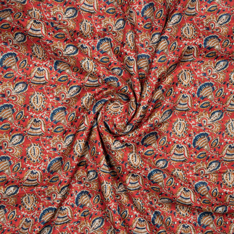 Red Kalamkari Pattern Digital Print Viscose Muslin Fabric - Fabcurate