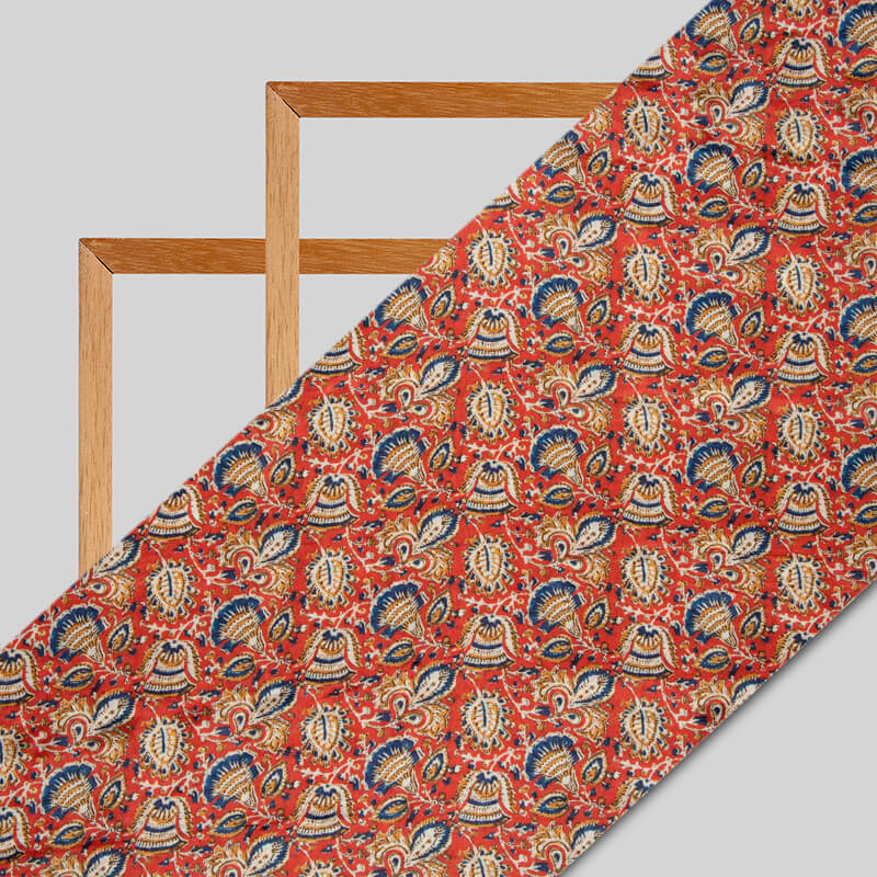 Red Kalamkari Pattern Digital Print Viscose Muslin Fabric - Fabcurate