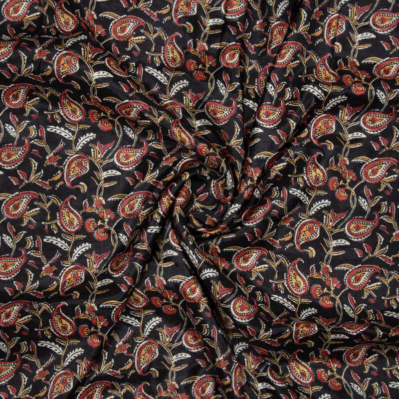 Black Kalamkari Pattern Digital Print Viscose Muslin Fabric - Fabcurate