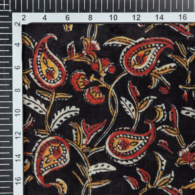 Black Kalamkari Pattern Digital Print Viscose Muslin Fabric - Fabcurate