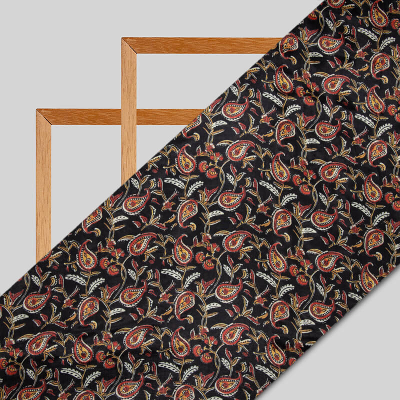 Black Kalamkari Pattern Digital Print Viscose Muslin Fabric - Fabcurate