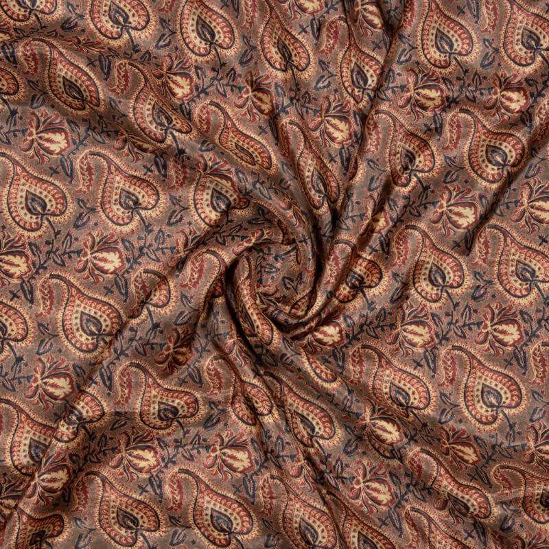 Brown Kalamkari Pattern Digital Print Viscose Muslin Fabric - Fabcurate