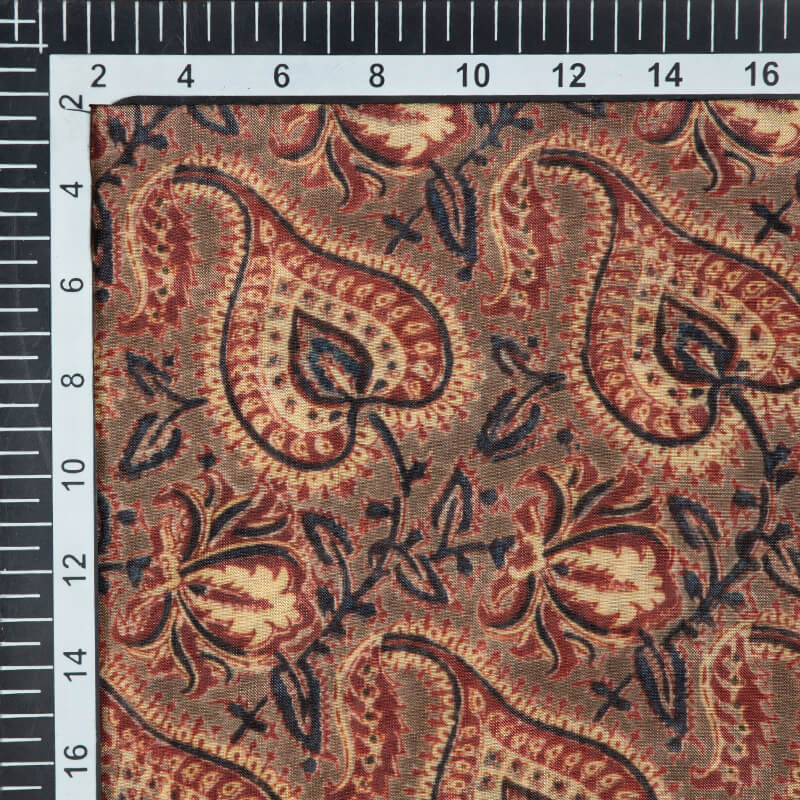 Brown Kalamkari Pattern Digital Print Viscose Muslin Fabric - Fabcurate