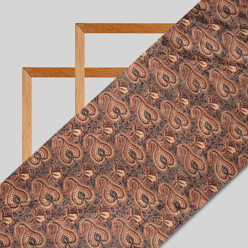 Brown Kalamkari Pattern Digital Print Viscose Muslin Fabric - Fabcurate