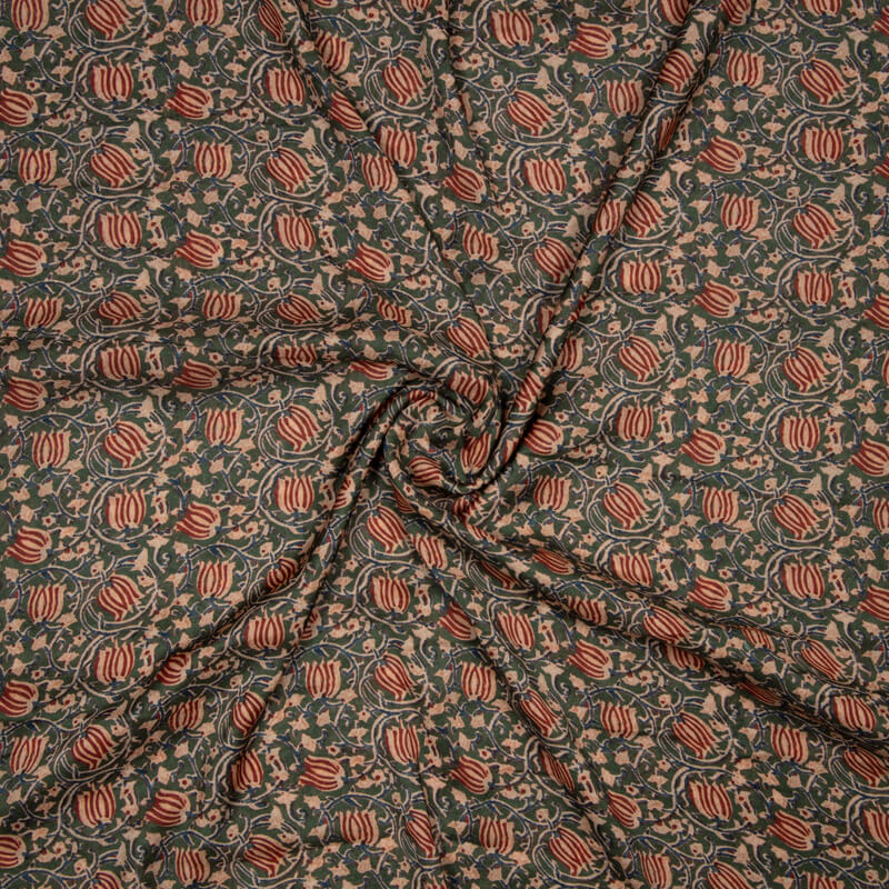 Bottle Green Kalamkrii Pattern Digital Print Viscose Muslin Fabric