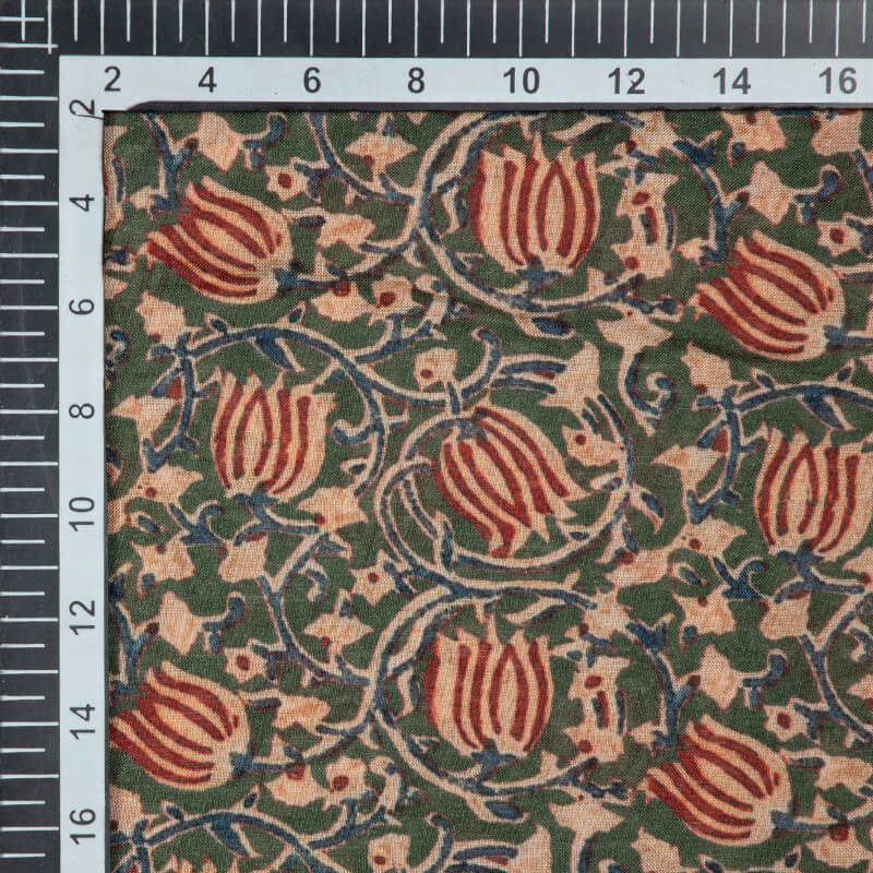 Bottle Green Kalamkrii Pattern Digital Print Viscose Muslin Fabric
