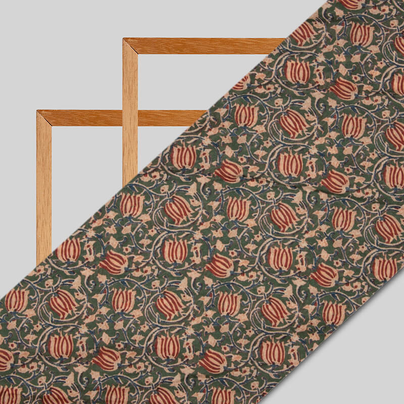 Bottle Green Kalamkrii Pattern Digital Print Viscose Muslin Fabric