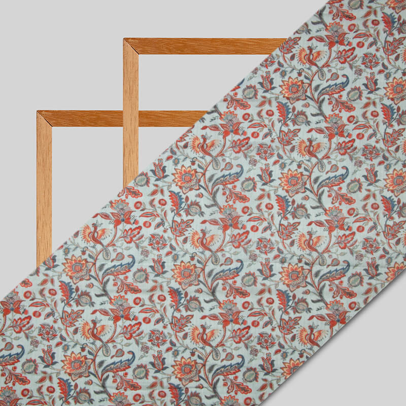 Light Blue Floral Pattern Digital Print Viscose Muslin Fabric - Fabcurate