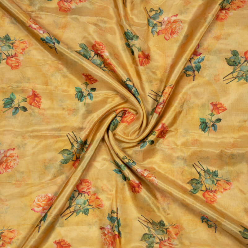 Yellow Floral Pattern Digital Print Viscose Muslin Fabric