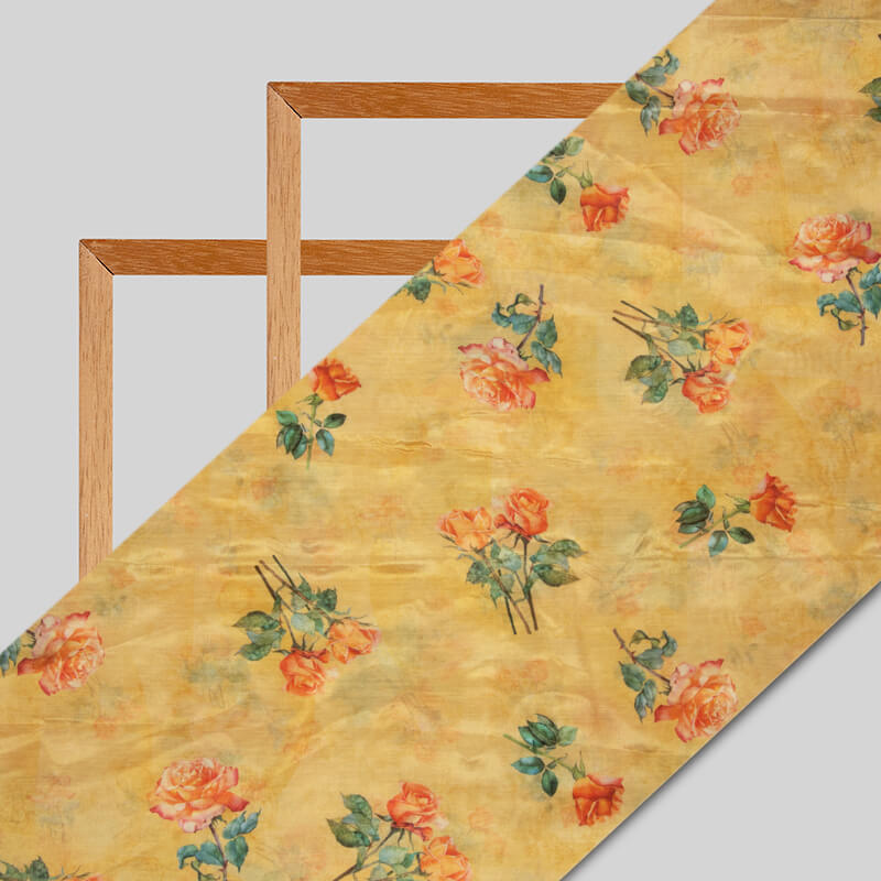 Yellow Floral Pattern Digital Print Viscose Muslin Fabric