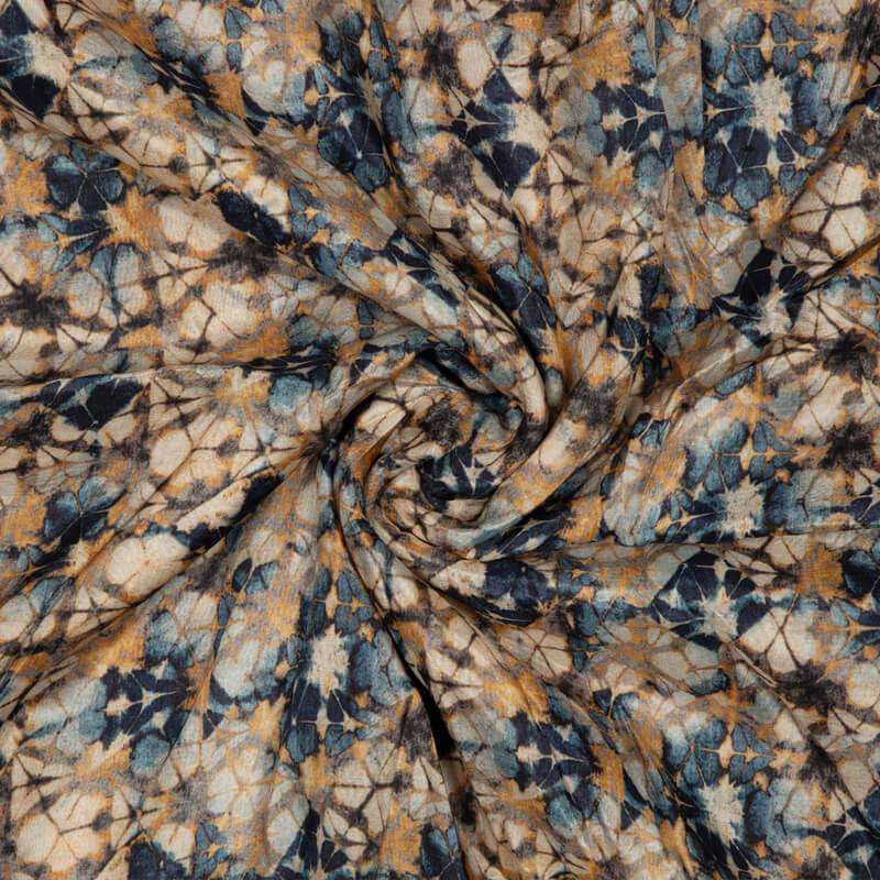Navy Blue And Beige Abstract Pattern Digital Print Viscose Muslin Fabric - Fabcurate