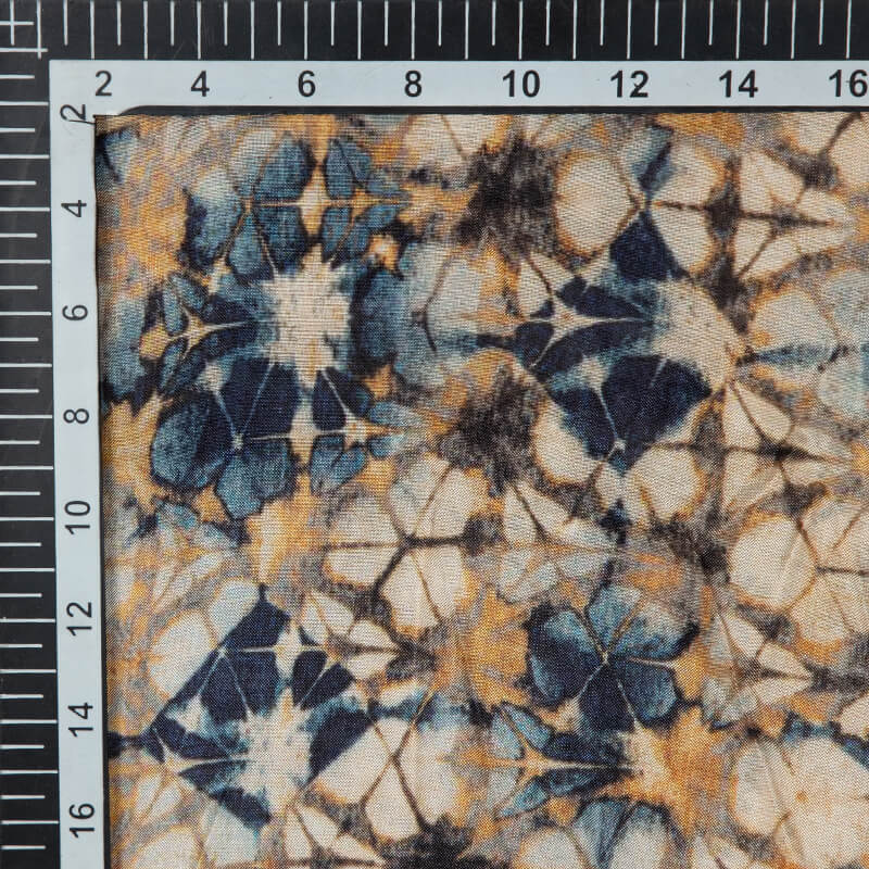 Navy Blue And Beige Abstract Pattern Digital Print Viscose Muslin Fabric - Fabcurate