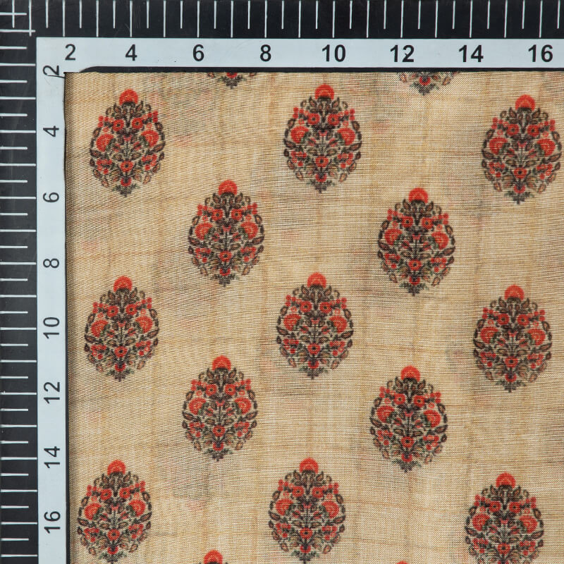 Beige Mughal Floral Pattern Digital Print Viscose Muslin Fabric - Fabcurate