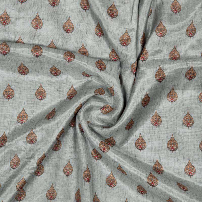 Light Grey Leaf Pattern Digital Print Viscose Muslin Fabric - Fabcurate